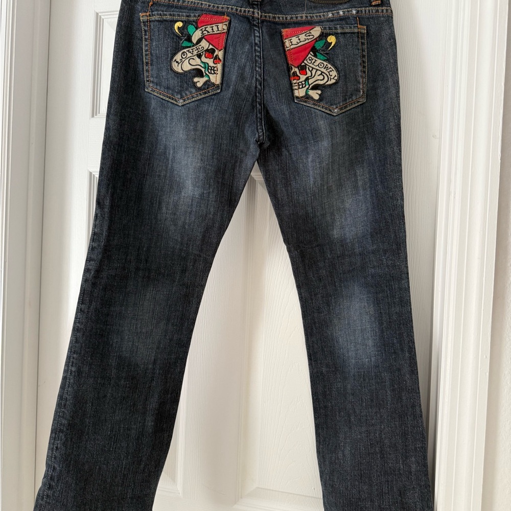 Ed Hardy Dark Wash Jeans with Tattoo Design